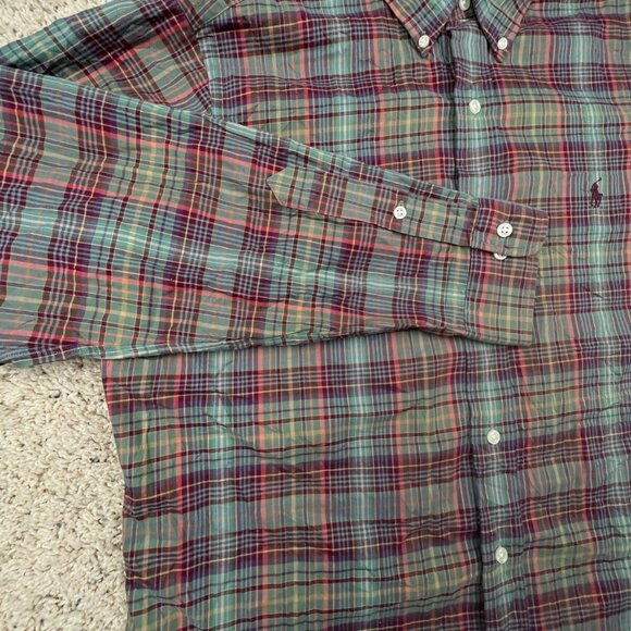 Ralph Lauren Button Up Shirt Cotton 16 Large Green Red Orange Plaid Classic Fit - Picture 7 of 8